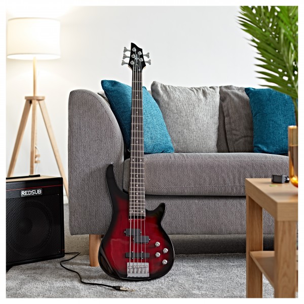 Chicago 5 String Trans Red Bass Guitar + 35W Amp Pack by Gear4music