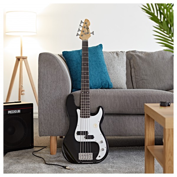 LA 5 String Bass Guitar Black, 15W Bass Amp Pack