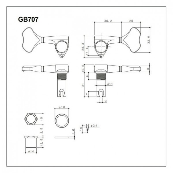 Gotoh GB707-L2R2 Bass Tuners, Cosmo Black diagram