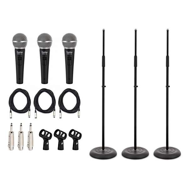 SubZero Dynamic Vocal Microphone with Switch, 3x Straight Stand Pack