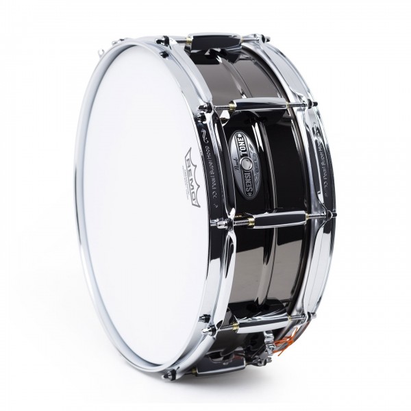 Pearl Sensitone Heritage 14" x 5" Brass Snare Drum, Black Chrome - Front Angle