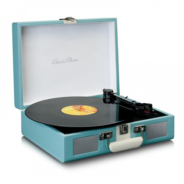 Lenco TT-110 Suitcase Turntable with BT and Built-In Speakers, Blue - Angled Open