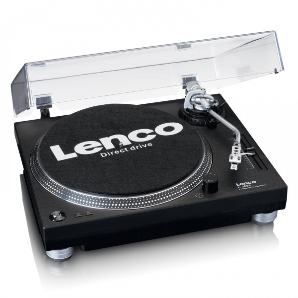 Lenco L-3809 Direct Drive USB Turntable, Black - Angled Open