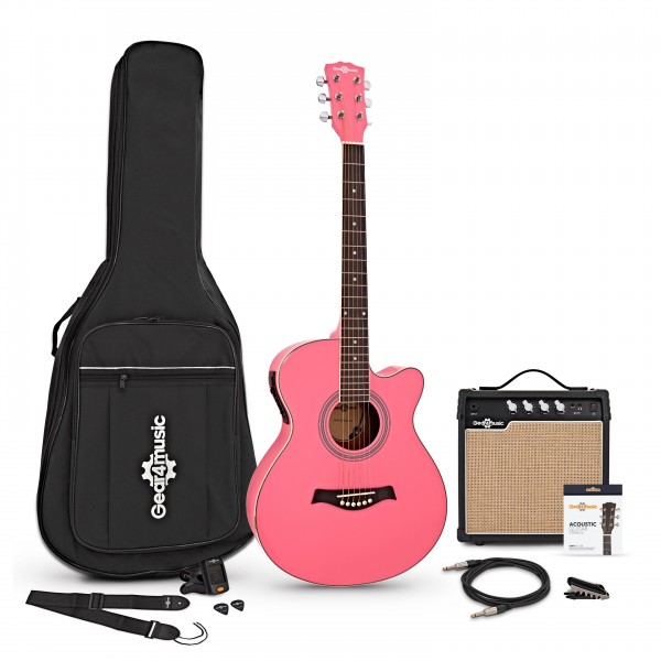 Single Cutaway Electro Acoustic Guitar + 15W Amp Pack, Pink