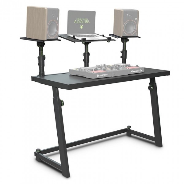 Gravity FDJT01 DJ Desk with Speaker and Laptop Trays with gear