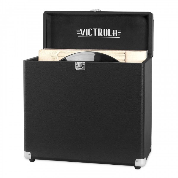 Victrola Retro Vinyl Case, Black - Angled Open (Vinyl Records Not Included)