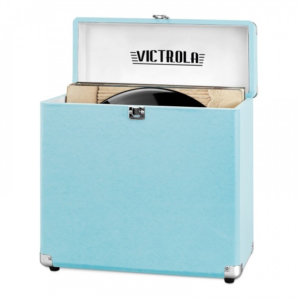 Victrola Retro Vinyl Case, Turquoise - Open (Vinyl Records Not Included)