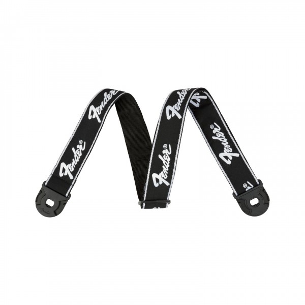 Fender Quick Grip Locking End Strap, Black w/ White Running Logo, 2" - Front View