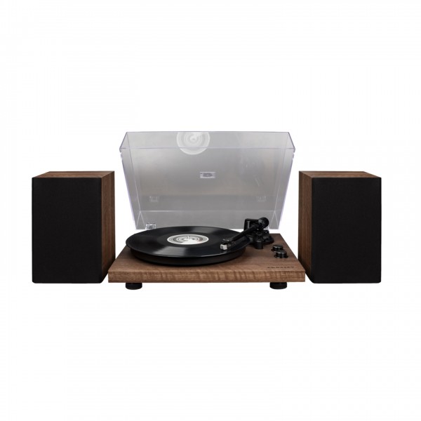 Crosley C62 Shelf System With Bluetooth Out, Walnut - Open, Front