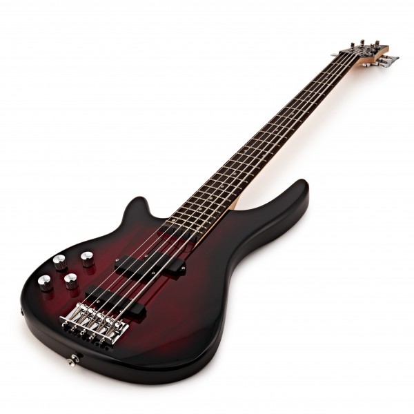 Chicago 5 String Left Handed Bass Guitar by Gear4music, Trans Red