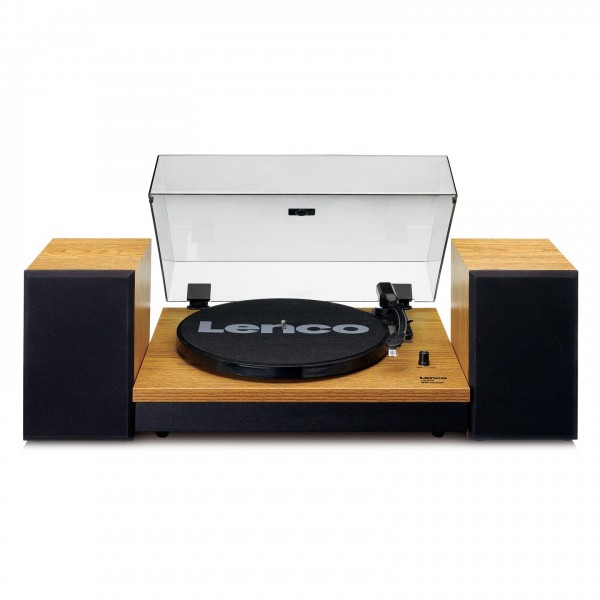 Lenco LS-300 Turntable with Speakers Bundle, Wood - Front Open