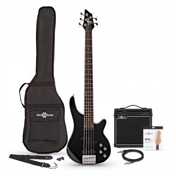 Chicago 5 String Bass Guitar, Black + 15W Amp Pack by Gear4music