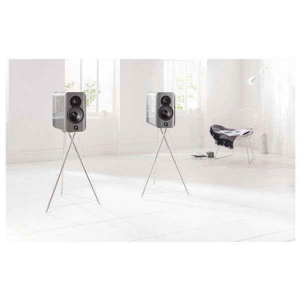 Q Acoustics Concept 300 Silver / Ebony Bookshelf Speakers (Pair) w/ Tripod Speaker Stands