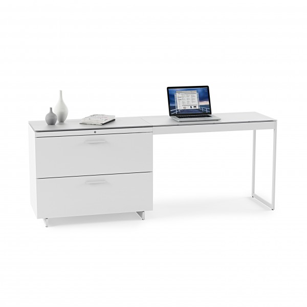 Centro 6416 Lateral File Cabinet Satin White on Oak / Grey Glass
