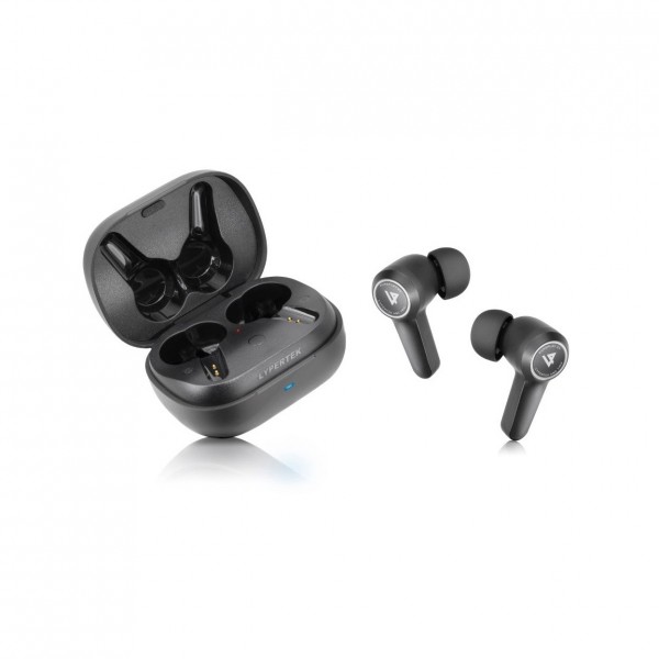 Lypertek PurePlay Z5 Active Noise Cancelling True Wireless Earphones - Angled with Case