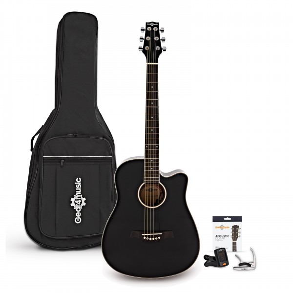 3/4 Electro Acoustic Cutaway Travel Guitar Pack by Gear4music, Black