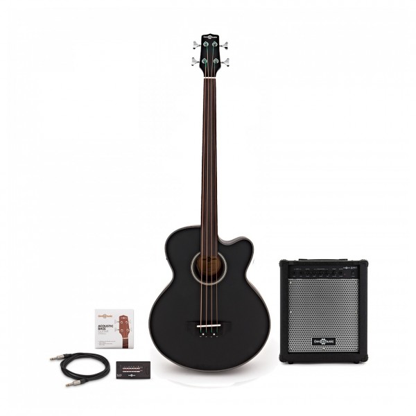 Electro Acoustic Fretless Bass Guitar, Black + 35W Amp Pack