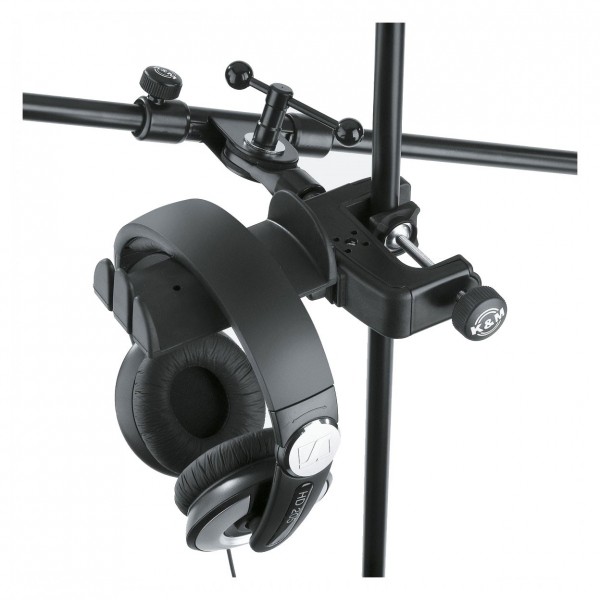 K&M 16085 Headphone Holder - Attached to microphone stand
