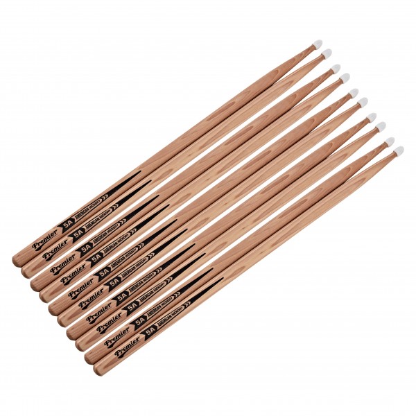 Premier 5A American Hickory Drumsticks, Nylon Tip, 5 Pair Pack