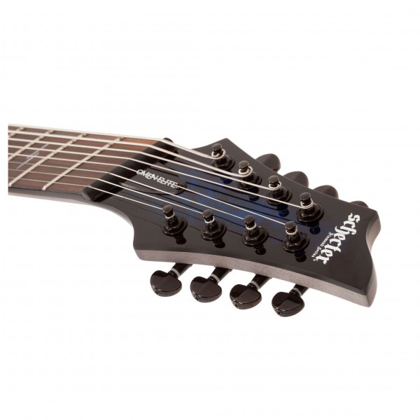 Schecter-Omen-Elite-8-MS,-See-Thru-Blue-Burst-headstock