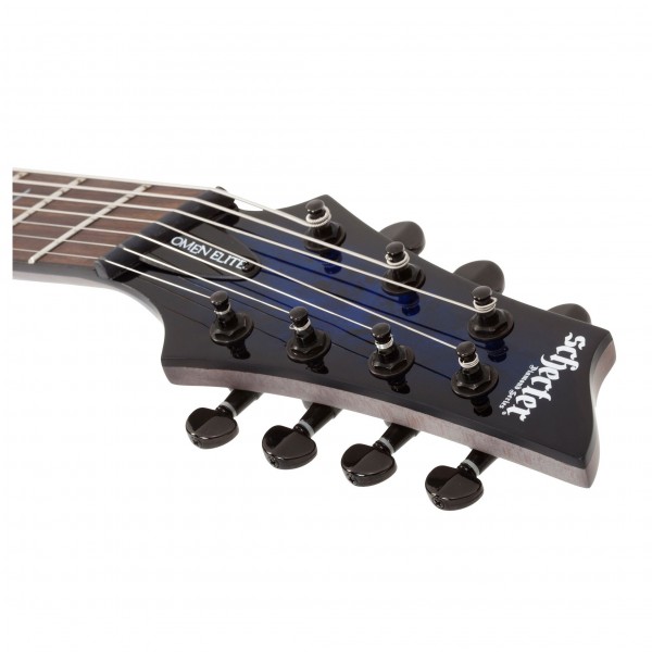 Schecter-Omen-Elite-7-MS,-See-Thru-Blue-Burst-headstock