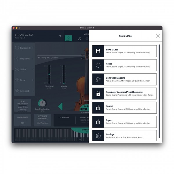 SWAM Violin v3 - Menu