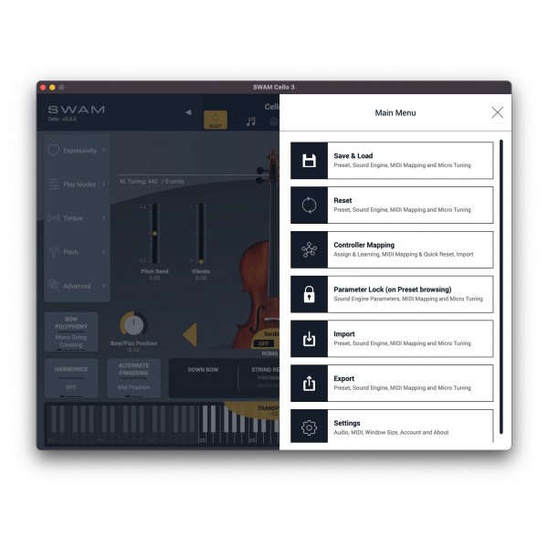 Cello v3 Virtual Instrument Plugin - Main Menu