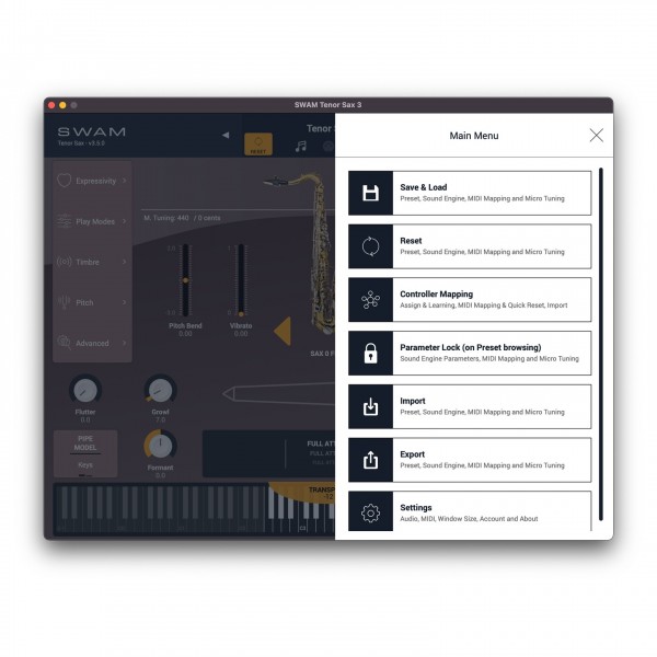 SWAM Saxophones v3 - Menu