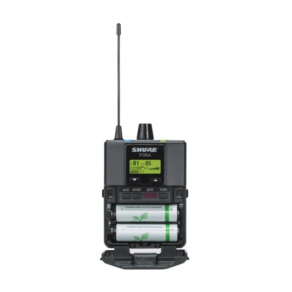 Shure Premium Wireless Bodypack Receiver for PSM300-K3E - Front, Battery Cover Open