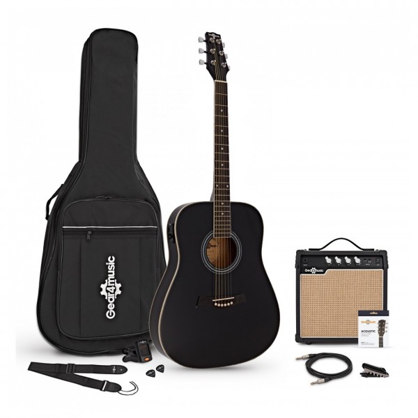 Dreadnought Thinline Electro Acoustic Guitar + 15W Amp Pack, Black