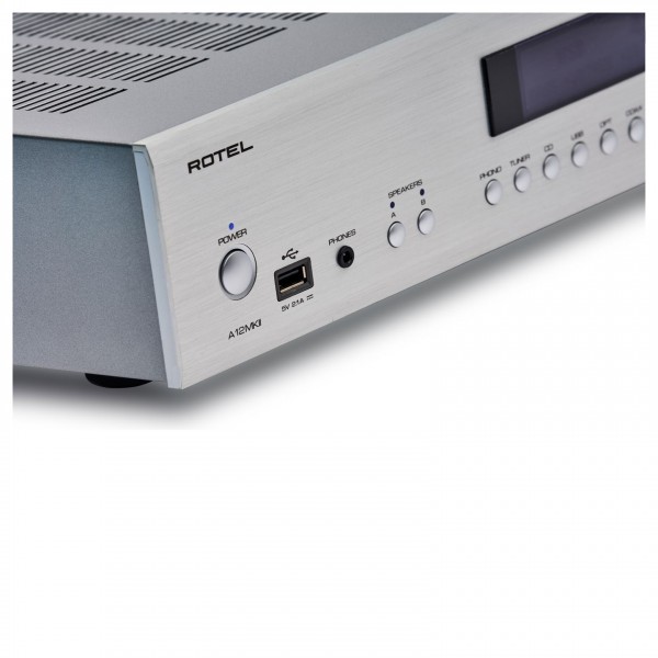 Rotel A12 MKII Integrated Amplifier Silver - closeup corner