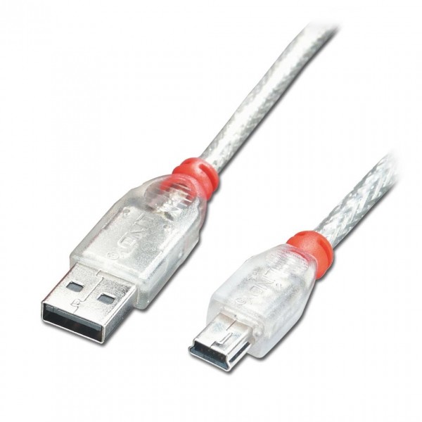 Lindy USB 2.0 Clear Type A to Mini B Cable, 2m - clear front