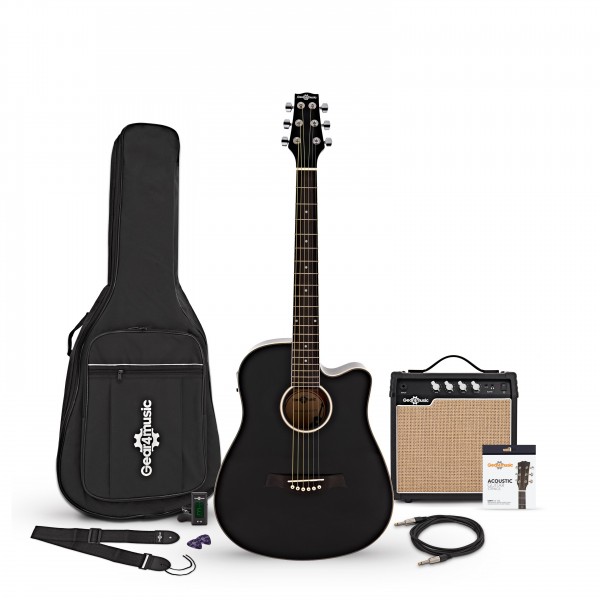 3/4 Size Cutaway Electro-Travel Guitar + 15W Amp Pack, Black