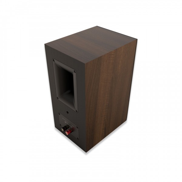 Klipsch RP-500M MKII Bookshelf Speaker (Pair), Walnut rear view from above with Tractrix port and binding posts