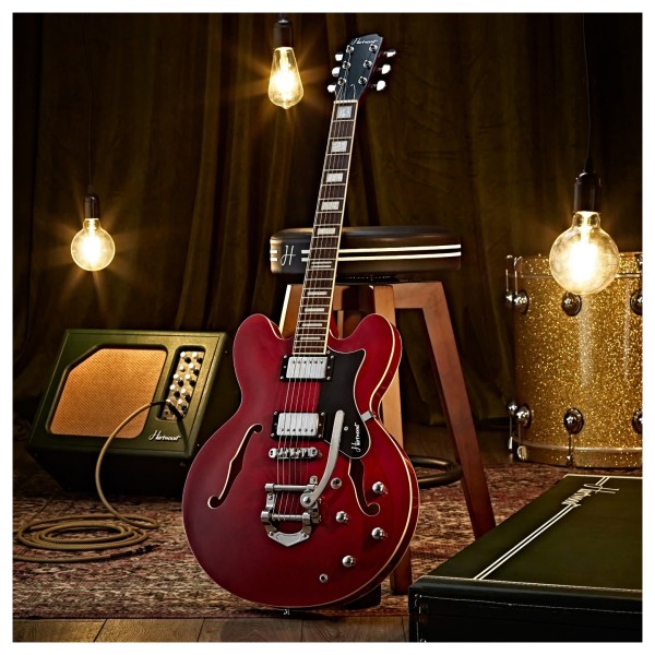 Hartwood Revival Vibrato Semi Acoustic Guitar, Cherry Red