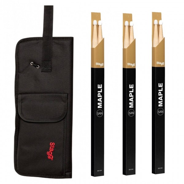Stagg Nylon Stick Bag & Maple 5A Drumsticks, Nylon Tip