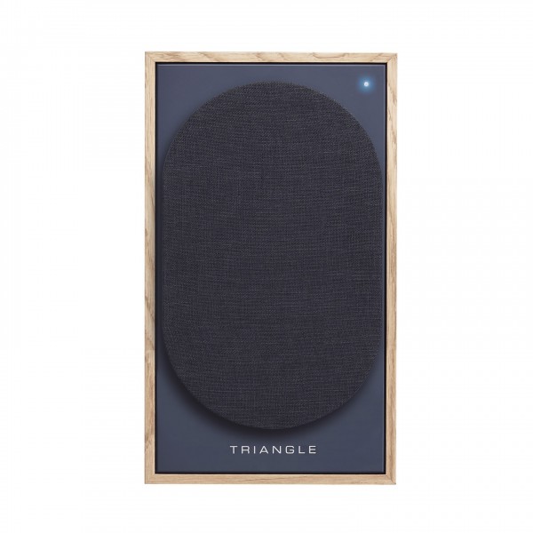 Triangle Borea BR03 Active Bookshelf Speakers (Pair), Light Oak Blue front view with grille