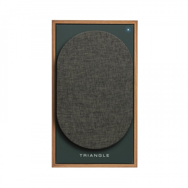 Triangle Borea BR03 Active Bookshelf Speakers (Pair), Oak Green front view with grille