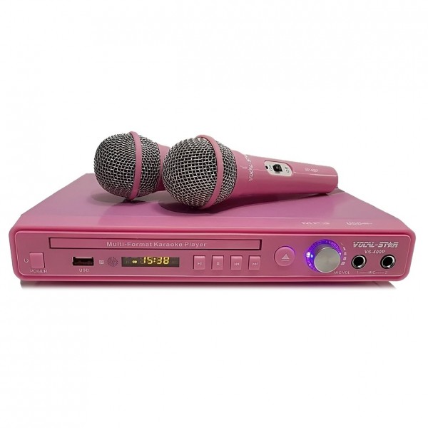 Vocal-Star VS400P Multi-Format Karaoke Machine with 2 Mics, Pink - Front with microphones