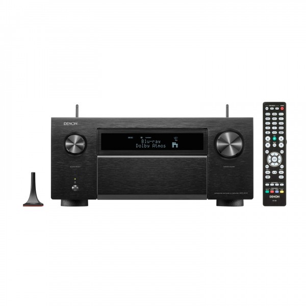 Denon AVC-A1H 15.4 Channel 8K AV Amplifier, Black front view and accessories