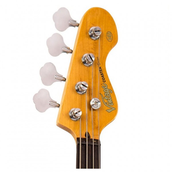 Vintage V40 Coaster Series Bass, 3 Tone Sunburst headstock