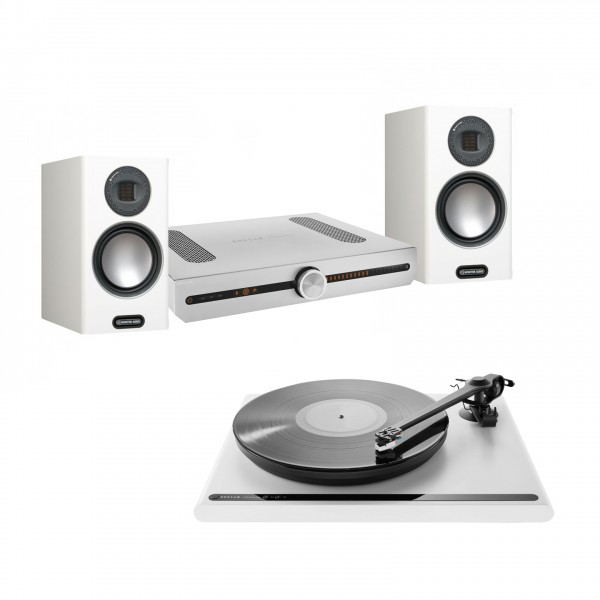 Roksan Streaming Amp, Turntable wGold 100 Speakers, SilverWhite Full View