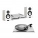 Roksan Streaming Amp, Turntable wGold 100 Speakers, SilverWhite Full View