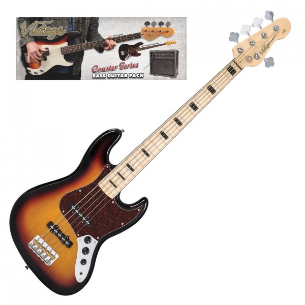 Vintage V495 Coaster Series 5 String Bass Pack, 3 Tone Sunburst