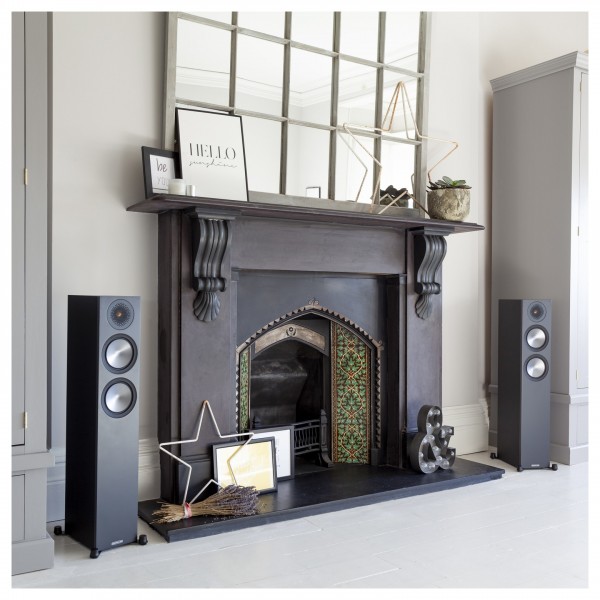 Monitor Audio Bronze 200 Floorstanding Speakers (Pair), Black standing in living room
