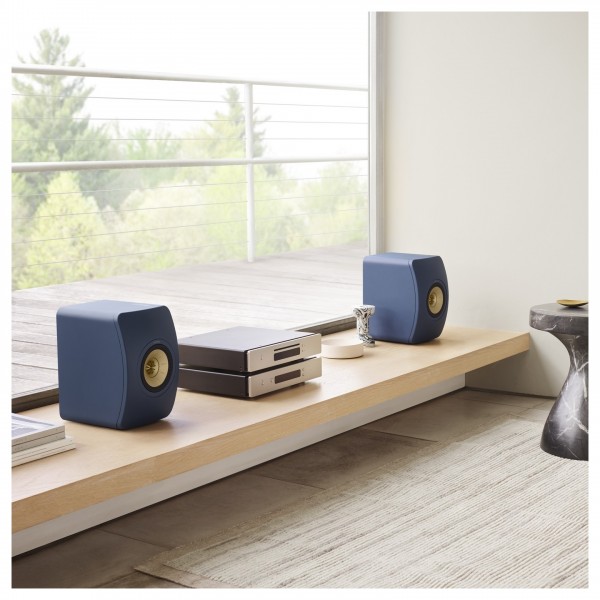 KEF LS50 Meta Special Edition Speakers (Pair), Royal Blue on side table
