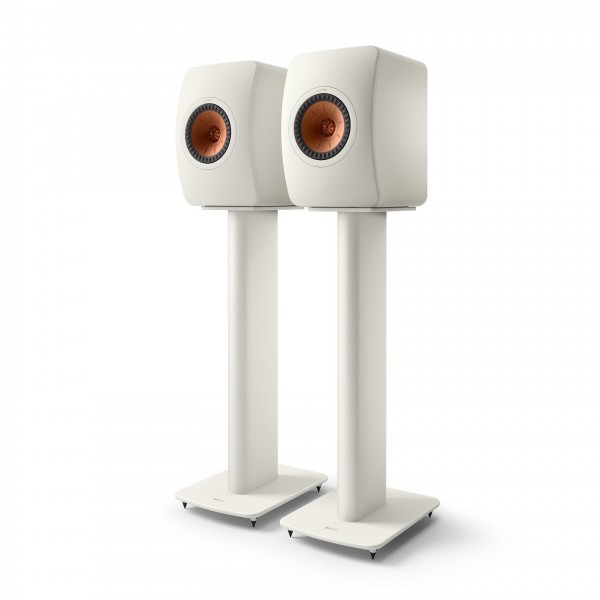KEF LS50 Meta Speakers (Pair), Mineral White w/Stands with spike shoes removed