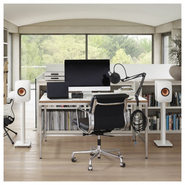 KEF LS50 Meta Speakers (Pair), Mineral White w/Stands in home office