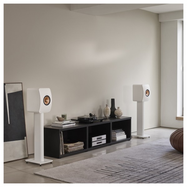 KEF LS50 Meta Speakers (Pair), Mineral White w/Stands in vinyl setup