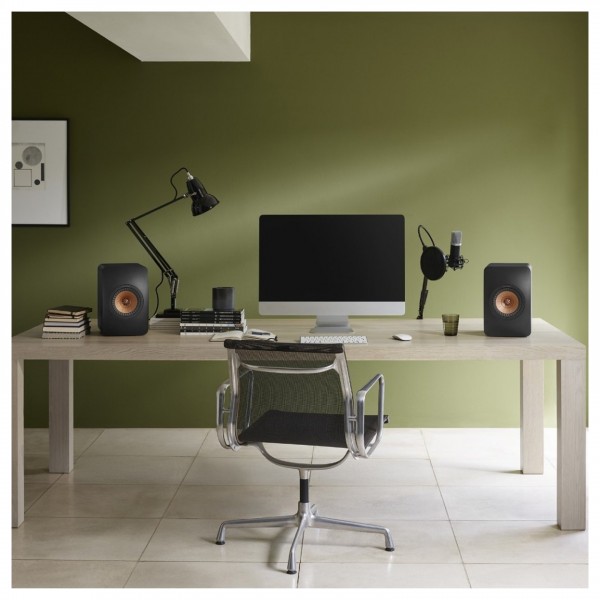 KEF LS50W MKII Wireless Speakers (Pair), Carbon Black Lifestyle View